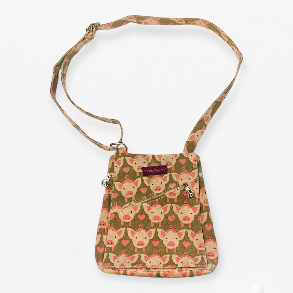 Bungalow 360 Brown Pink Pig Pattern Canvas Crossbody  messenger Bag